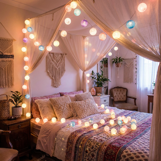 LED cotton ball string lanterns hanging in cozy boho bedroom