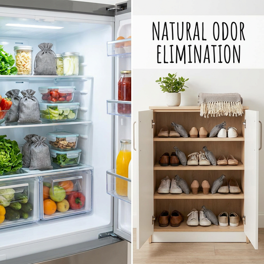 Bamboo charcoal deodorizer bags in refrigerator and closet eliminating odors