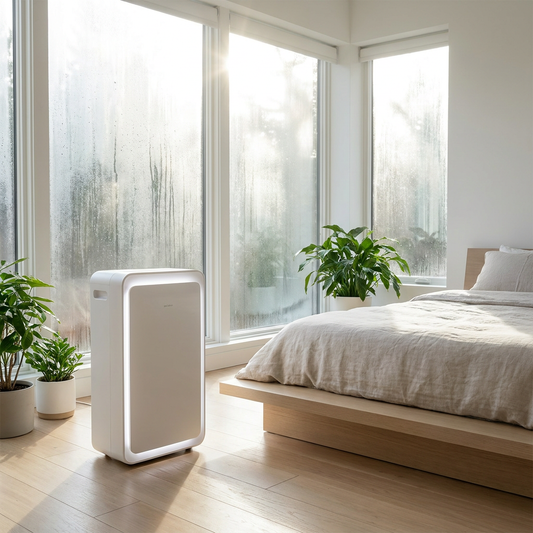 Home Dehumidifier running in a modern bright bedroom