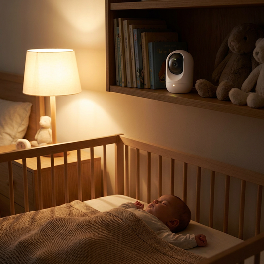 WiFi security camera monitoring a sleeping baby in nursery crib